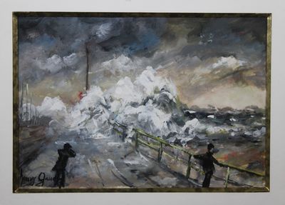 painting of a man and a dog standing in front of a painting of a steam engine