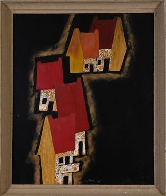 an image of a painting of a couple of houses on a black background
