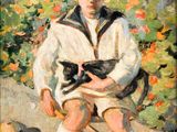 painting of a boy sitting in a chair holding a cat