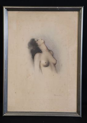 tableau représentant une femme nue dans un cadre argenté sur fond noir