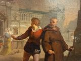 painting of a man and a woman walking down a street