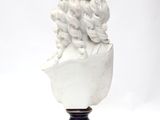 white marble bust of a man with curly hair on a black base
