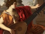 a painting of a woman playing a lute in a room