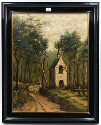 une peinture à l'huile représentant une église dans un cadre boisé
