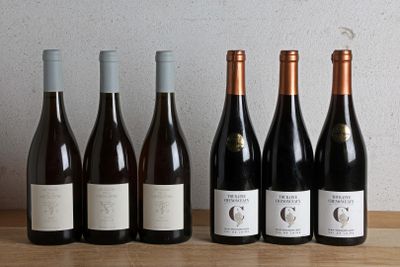 six bottles of wine are lined up on a wooden table