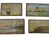 quatre tableaux représentant des bateaux sur un plan d'eau, peints sur un fond blanc