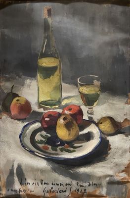 a painting of a plate of fruit and a bottle of wine on a table