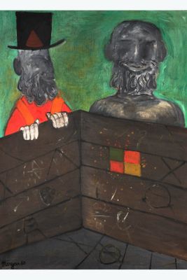 painting of two men in top hats and tails holding a wooden box