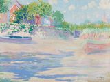 une peinture représentant un bateau sur l'eau près d'une maison