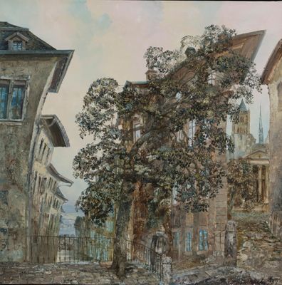 a painting of a tree in front of a building