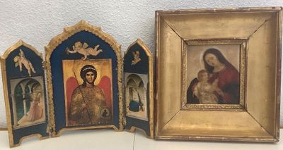 three framed pictures of jesus and other religious items