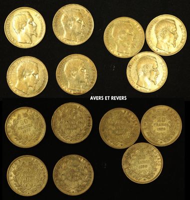 several different types of gold coins are shown on a black surface