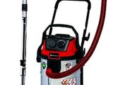 the vacuum is red and silver with a black handle
