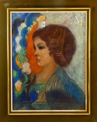 tableau représentant une femme en robe bleue, avec des fleurs dans les cheveux