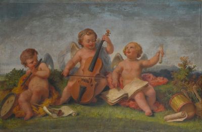tableau représentant trois chérubins jouant de la musique dans un champ