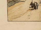 a drawing of a group of people riding a horse drawn carriage