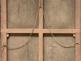 an old wooden window with a chain hanging from it ' s side