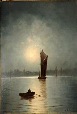 a painting of a boat on the water with a man in a rowboat