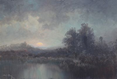 peinture représentant un tableau représentant un lac avec un coucher de soleil en arrière-plan