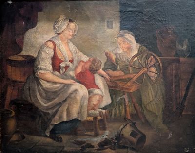 un vieux tableau représentant une femme et un enfant assis sur une chaise