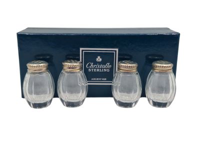 three glass salt and pepper shakers in a gift box