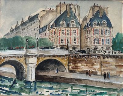 a painting of a bridge over a river with a castle in the background
