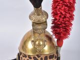 a gold helmet with a red feather on top of it