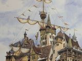 a painting of a pirate ship in front of a castle
