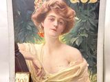tableau représentant une femme en robe jaune tenant une bouteille de Job