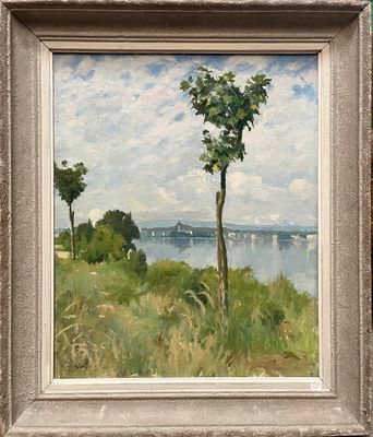 an oil painting of a view of a river with a tree in the foreground