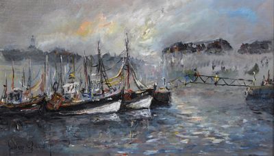 painting of boats in a harbor with a bridge in the background