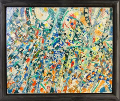 an abstract painting of multicolored lines and shapes in a black frame