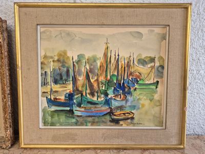 a picture of a painting of boats on the water