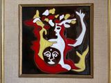framed picture of a painting of a woman with a bird in her hand