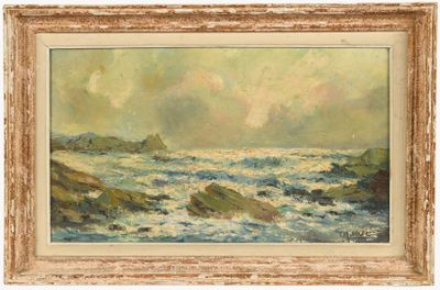 a painting of a painting of the ocean with rocks in the foreground