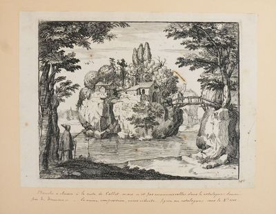 drawing of a landscape with a castle in the middle of a river