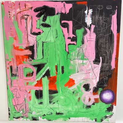 peinture abstraite représentant un homme et une femme dans une pièce verte et rose