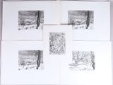 quatre dessins en noir et blanc représentant des arbres dans un paysage enneigé