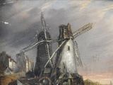 a painting of a windmill in a field with people walking by