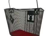 a black basket with a red handle on a white background