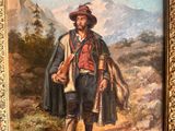 an oil painting of a man with a hat and cape holding a bag