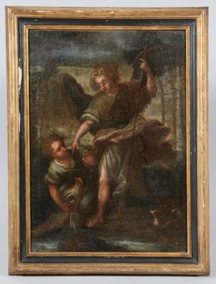 un tableau représentant un ange et un enfant dans un paysage