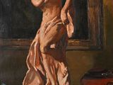 painting of a woman standing in front of a mirror next to a violin