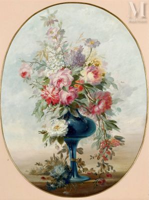 une peinture de fleurs dans un vase bleu sur une table