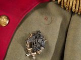 a red jacket with gold buttons and a gold broocher on it