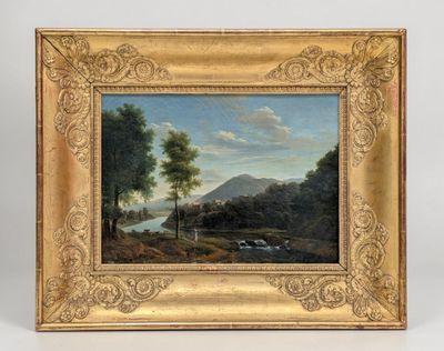 an oil painting of a landscape with a river in the foreground and trees in the foreground