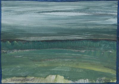 une image représentant un tableau d'un champ vert avec des arbres au loin