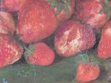 a painting of strawberries on a table with a green cloth