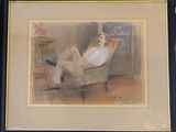 painting of a woman sitting in a chair in a room
