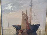 painting of a boat in the water with a lighthouse in the background